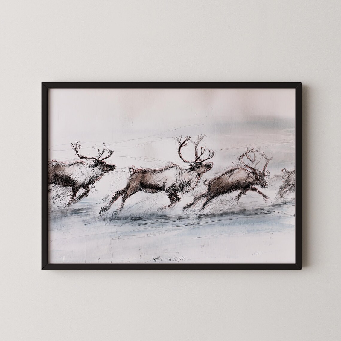 Galloping Reindeer Herd Sketch Nordic Winter Wildlife Art Poster