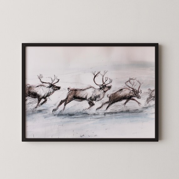 Galloping Reindeer Herd Sketch Nordic Winter Wildlife Art Poster