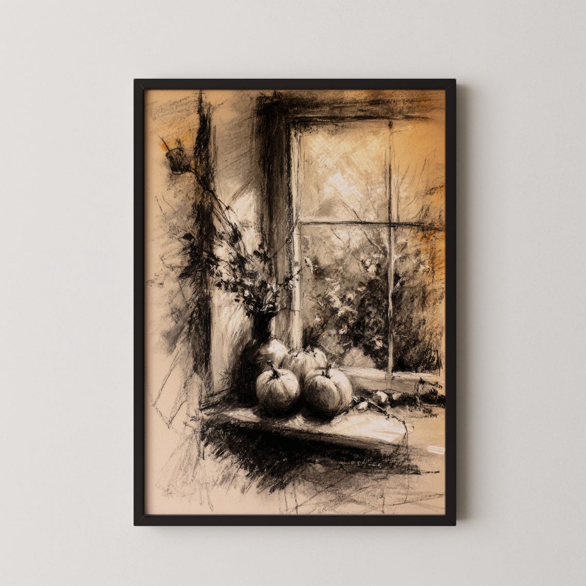Pumpkins On Windowsill Charcoal Sketch Autumn Still Life Wall Art