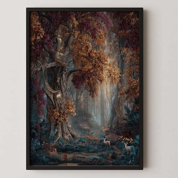 Mystical Deer Art Print Enchanted Forest Tapestry Style