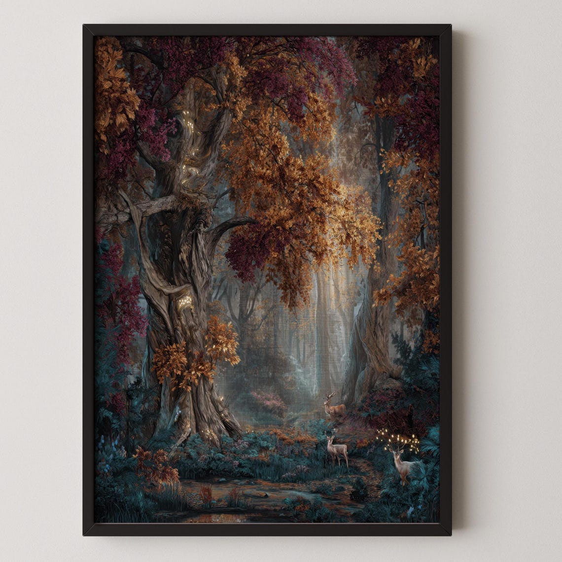 Mystical Deer Enchanted Autumn Forest Tapestry Style Wall Art