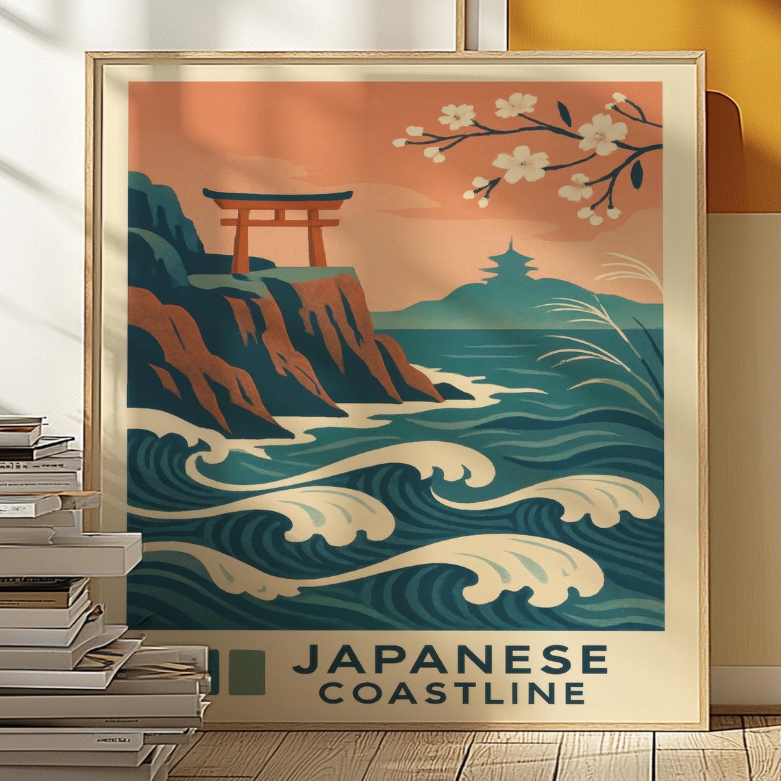 Japanese Coastline Torii Gate Waves Retro Travel Illustration Poster