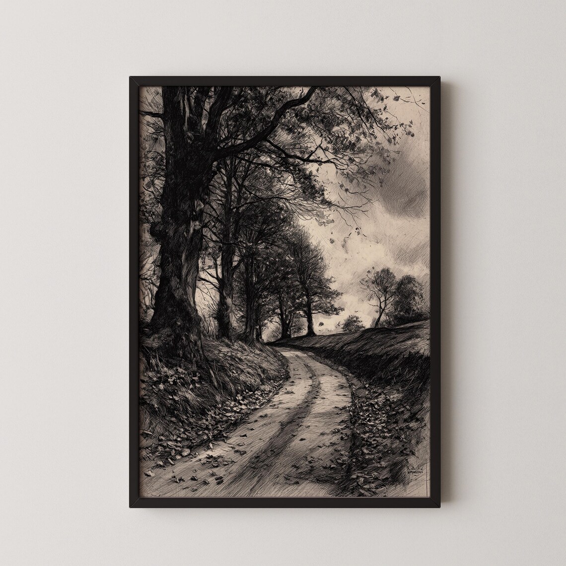 Rustic Forest Path Charcoal Sketch Art Print