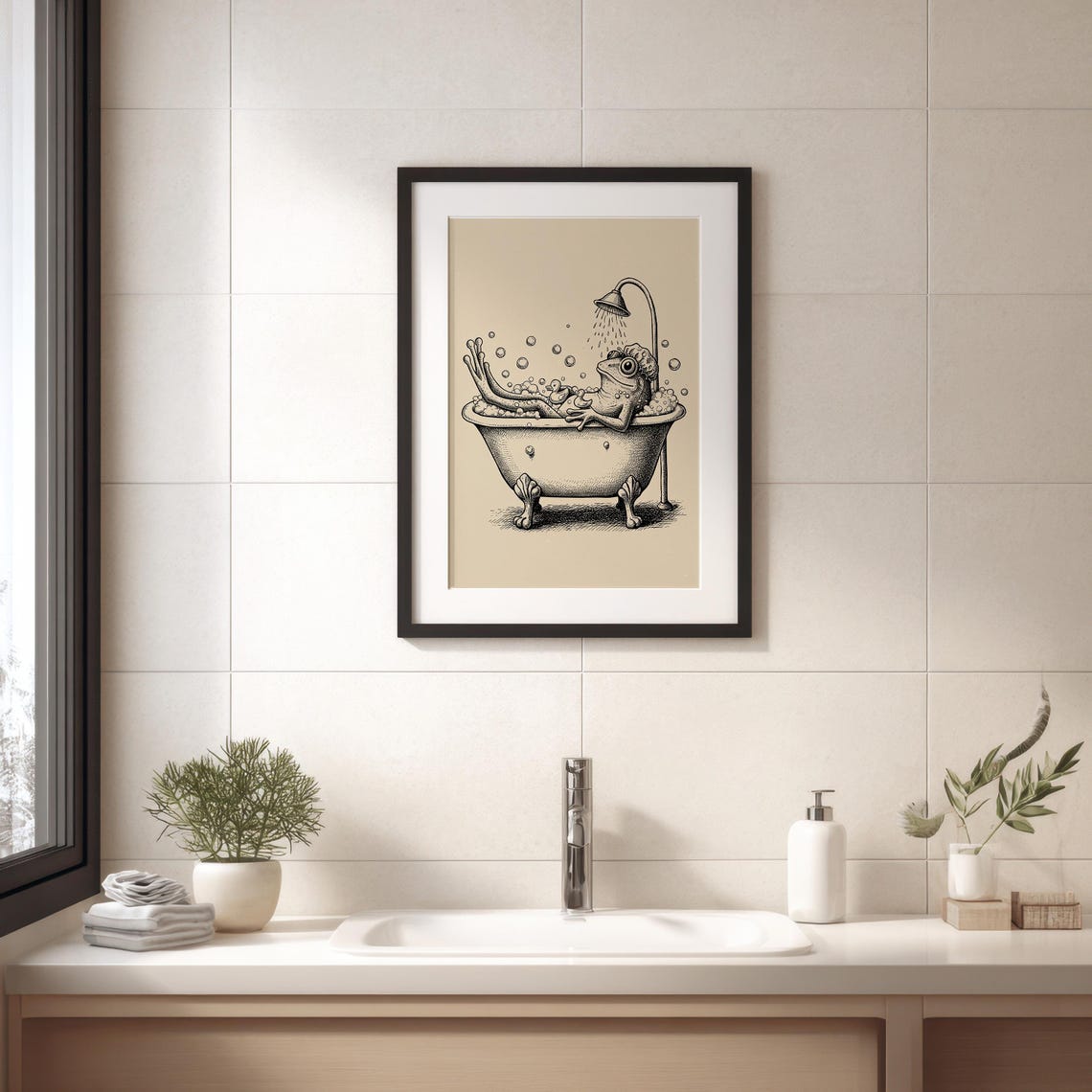 Vintage Frog In Bathtub Whimsical Bathroom Sketch Art Poster