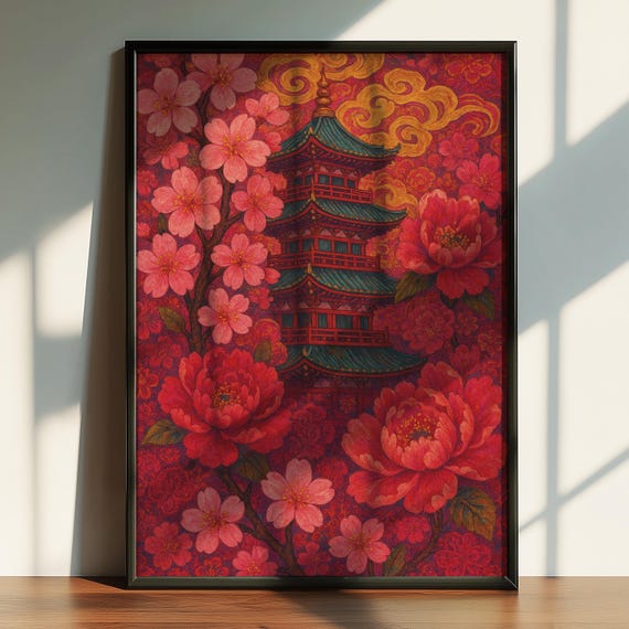 Maximalist Asian Pagoda Art Print Cherry Blossom Peony A0 24x36in Jpegs