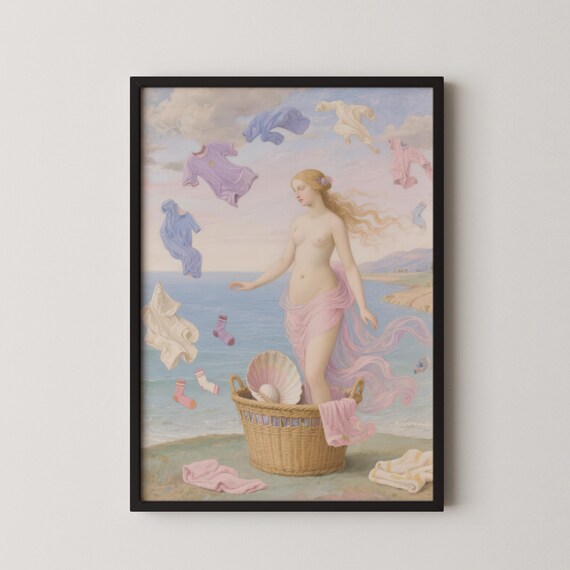 Birth of Venus Laundry Day Parody Art Poster with Clothes Basket