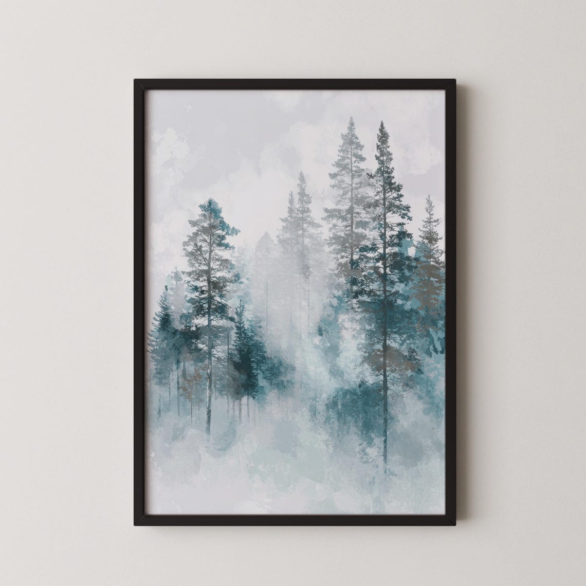 Nordic Winter Forest Misty Pines Minimalist Watercolor Poster