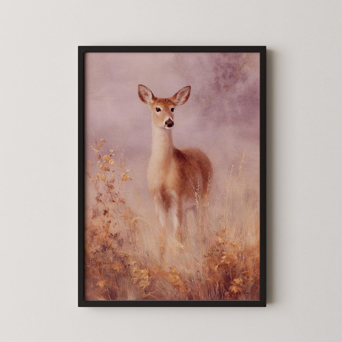Young Deer Golden Meadow Soft Misty Wildlife Painting Poster