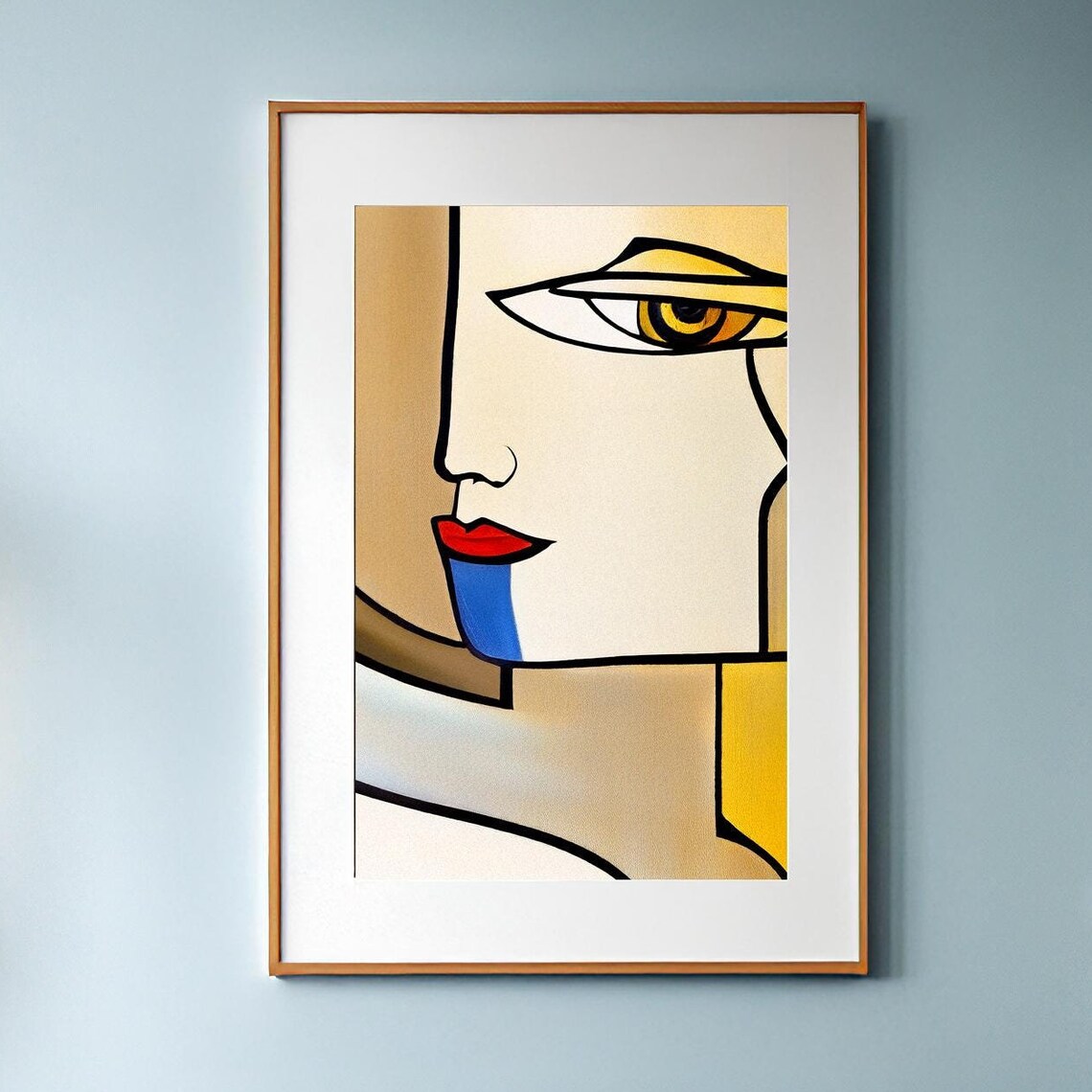 Abstract Cubist Woman Face in Gold with Red Lips Blue Chin Poster - Image 3
