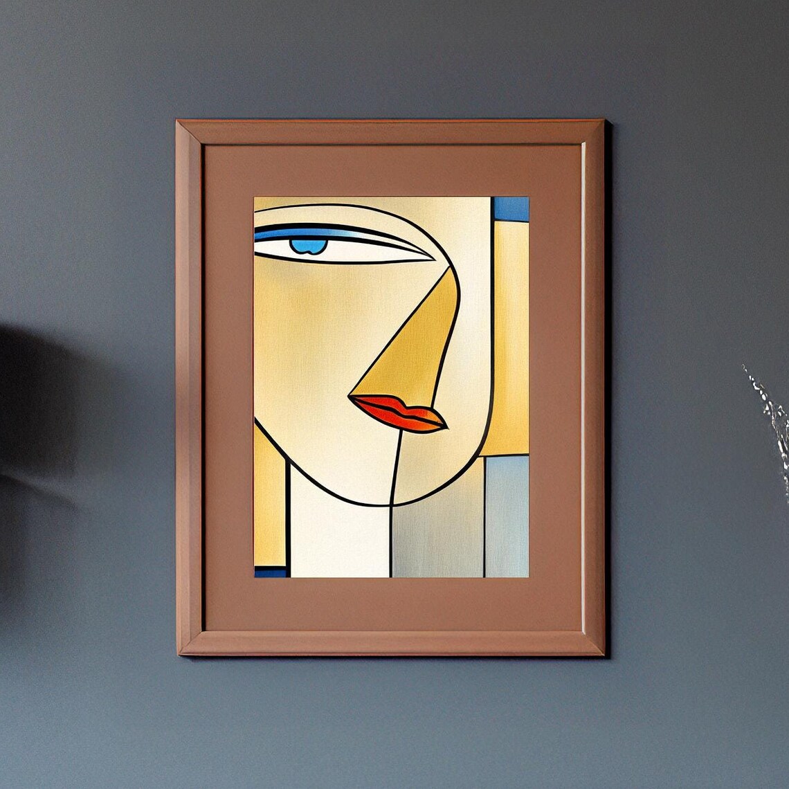 Cubist Woman Face in Cream and Gold with Blue Eye Red Lips Poster - Image 3
