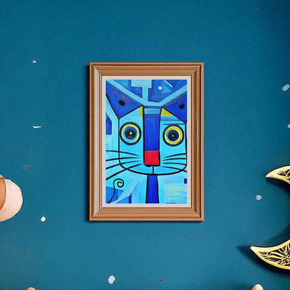 Blue Cubist Cat Face with Yellow Eyes Geometric Abstract Poster