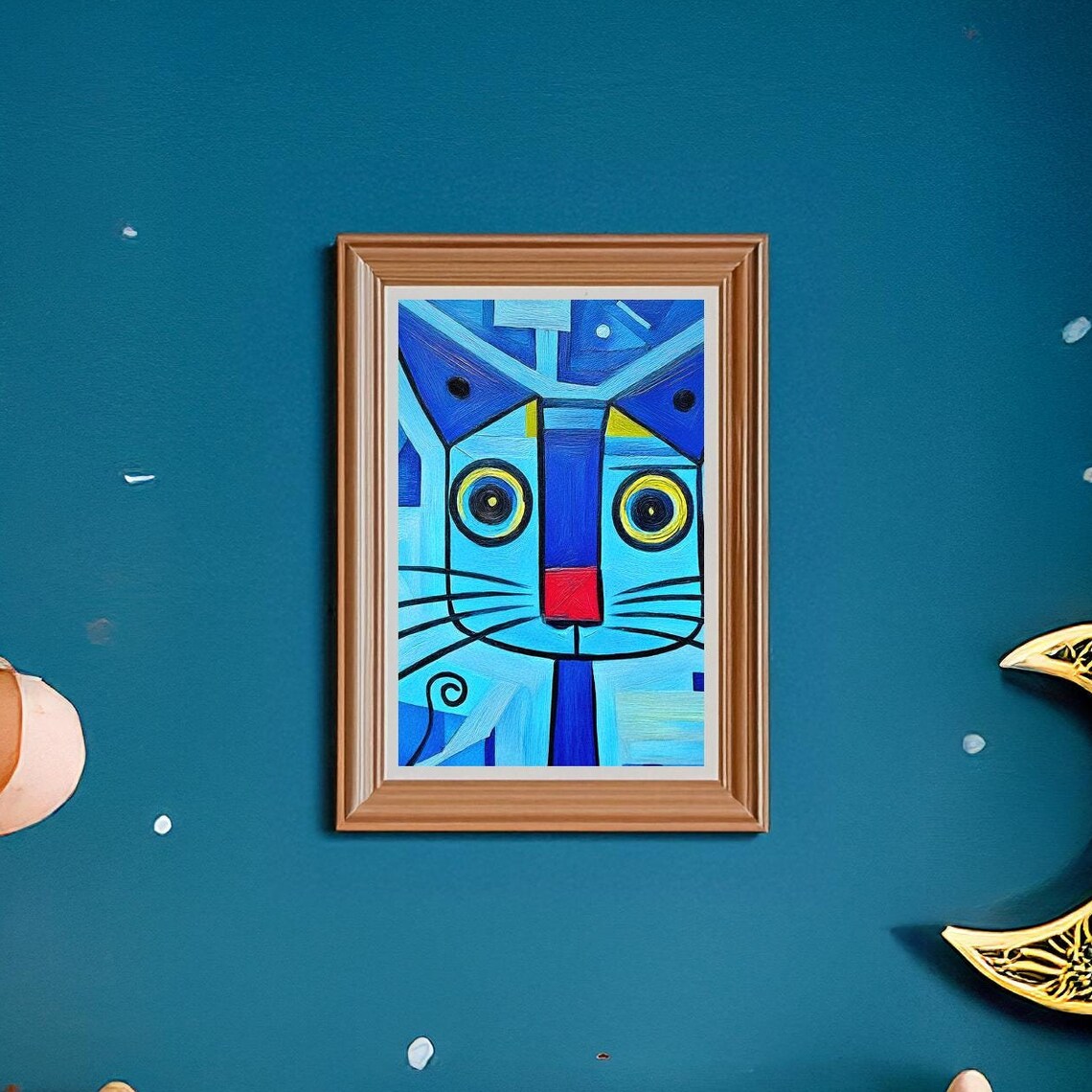 Blue Cubist Cat Face with Yellow Eyes Geometric Abstract Poster