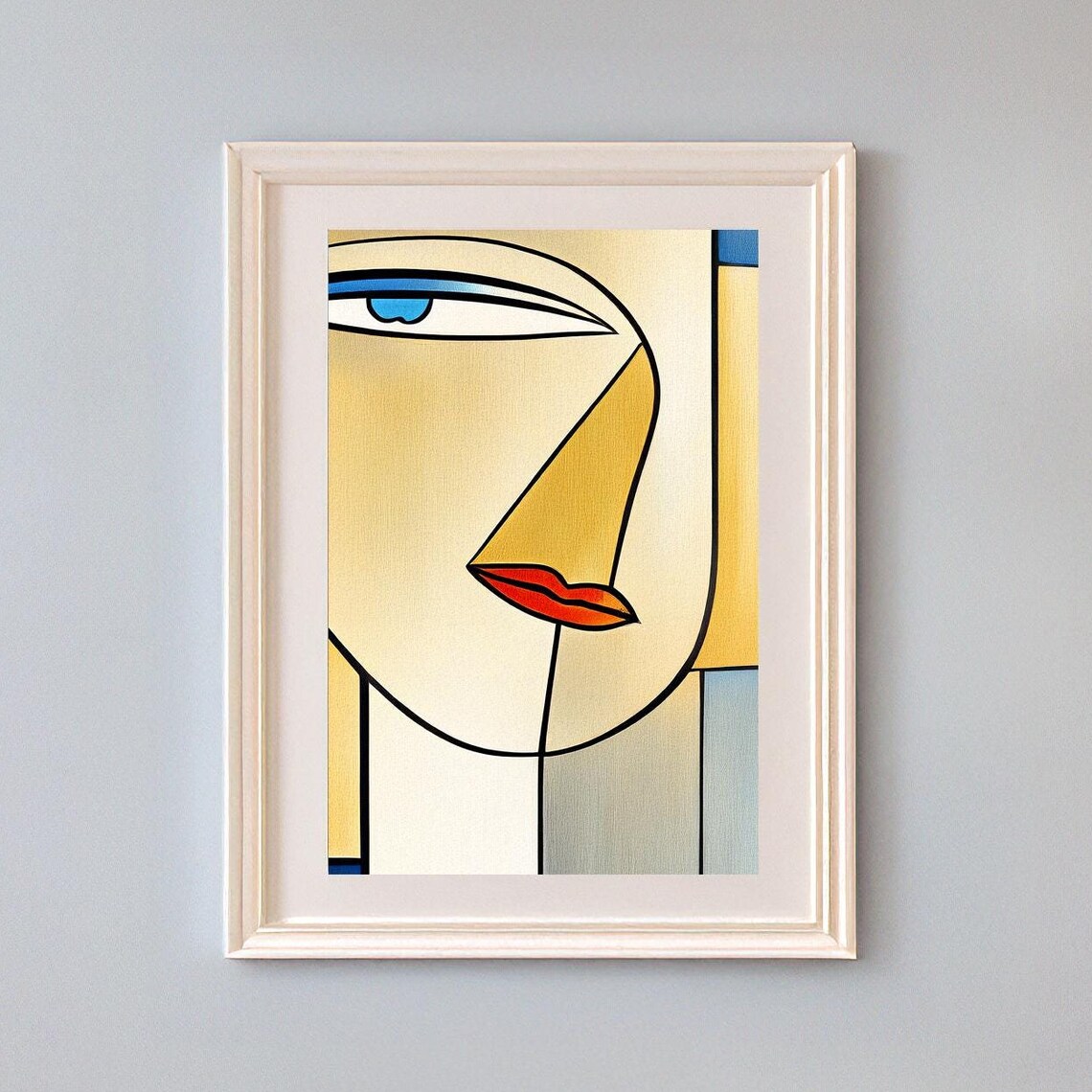 Cubist Woman Face in Cream and Gold with Blue Eye Red Lips Poster