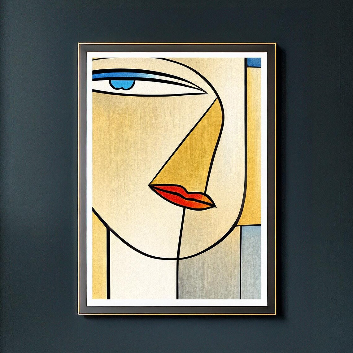 Cubist Woman Face in Cream and Gold with Blue Eye Red Lips Poster - Image 2