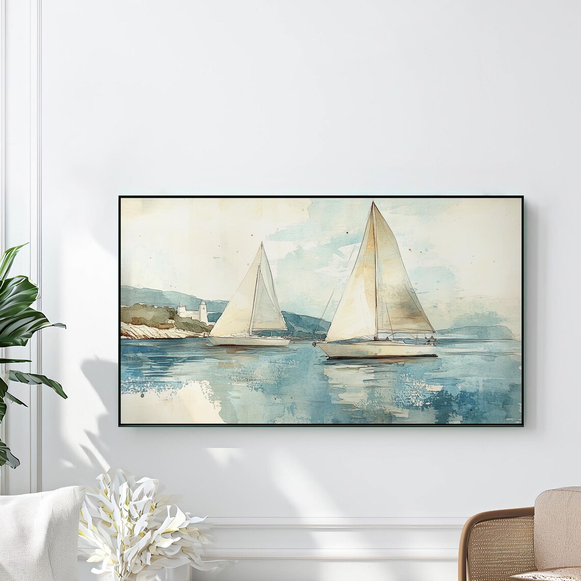 Watercolor Sailboats Calm Blue Water Coastal Scene Art Poster - Image 3