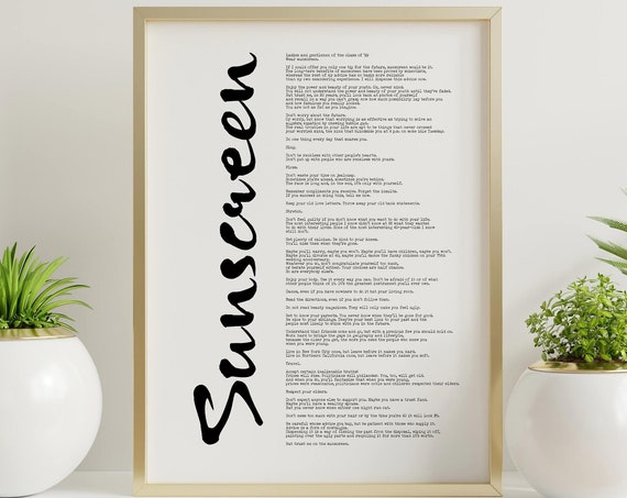 Sunscreen Song Lyrics Wall Art Inspirational Poster Print Framed Unframed Options