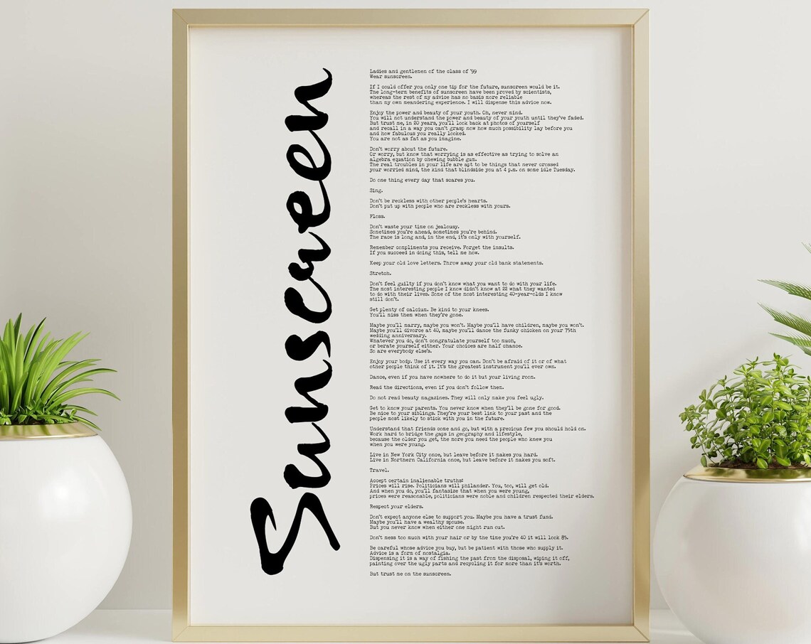 Wear Sunscreen Advice Speech Lyrics Class of 97 Graduation Print
