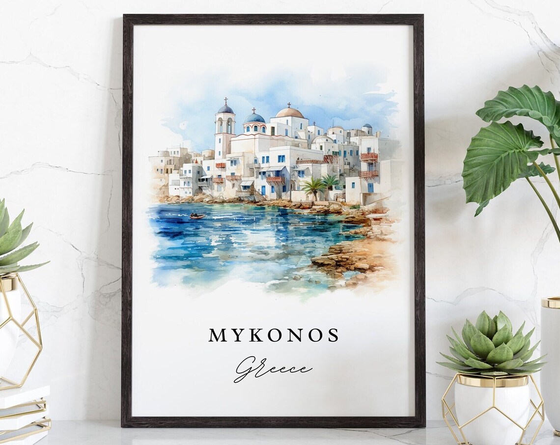 Mykonos Greece Whitewashed Town Blue Domes Watercolor Poster - Image 3
