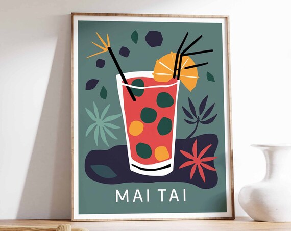 Mai Tai Spotted Red Glass Starfish Retro Tropical Bar Poster