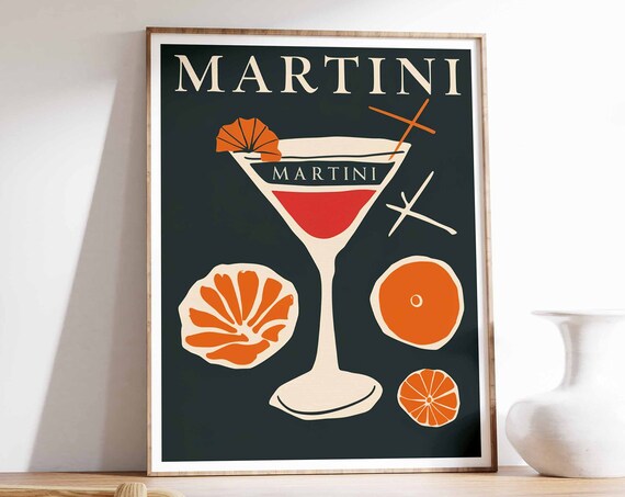 Martini Red Cocktail Glass Orange Slices Retro Dark Bar Poster