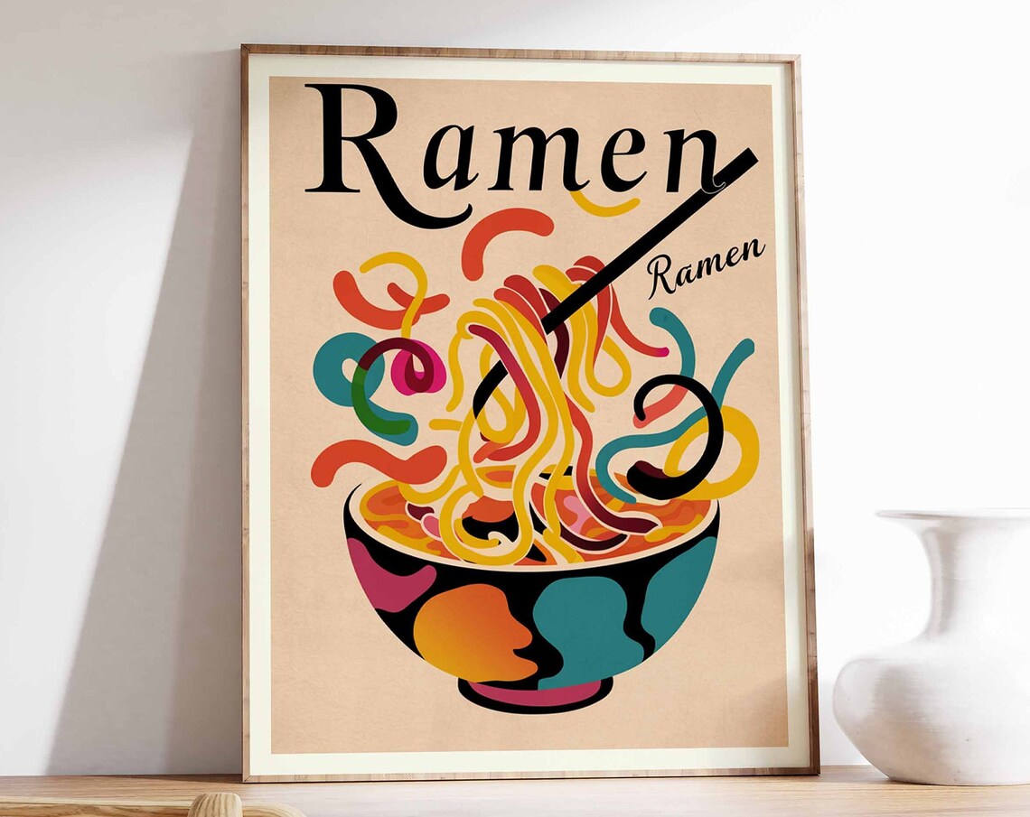 Ramen Noodle Bowl Retro Pop Art Swirling Colorful Kitchen Poster