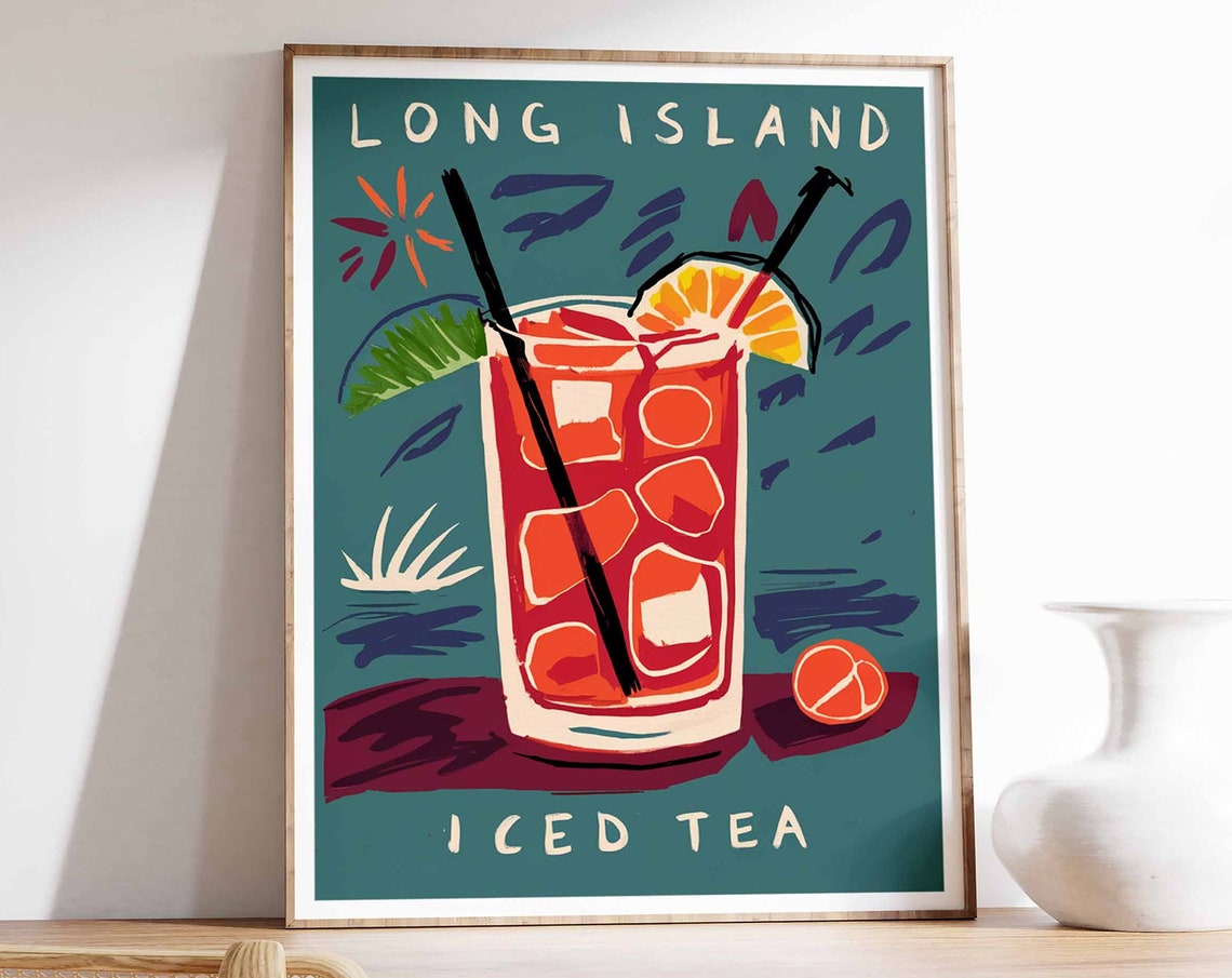 Long Island Iced Tea Tall Ice Glass Teal Retro Cocktail Bar Poster
