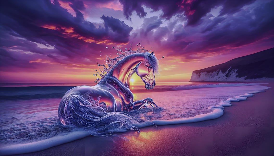 Crystal Water Horse Ocean Waves Purple Sunset Fantasy Art Poster