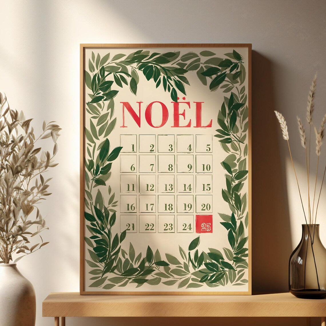 Noel Vintage Christmas Countdown Calendar Green Leaf Wall Art