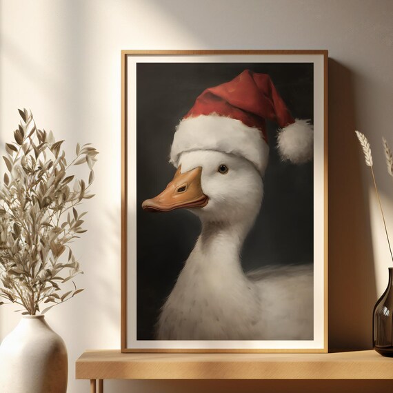 Jolly White Duck Wearing Santa Hat Christmas Oil Painting Poster
