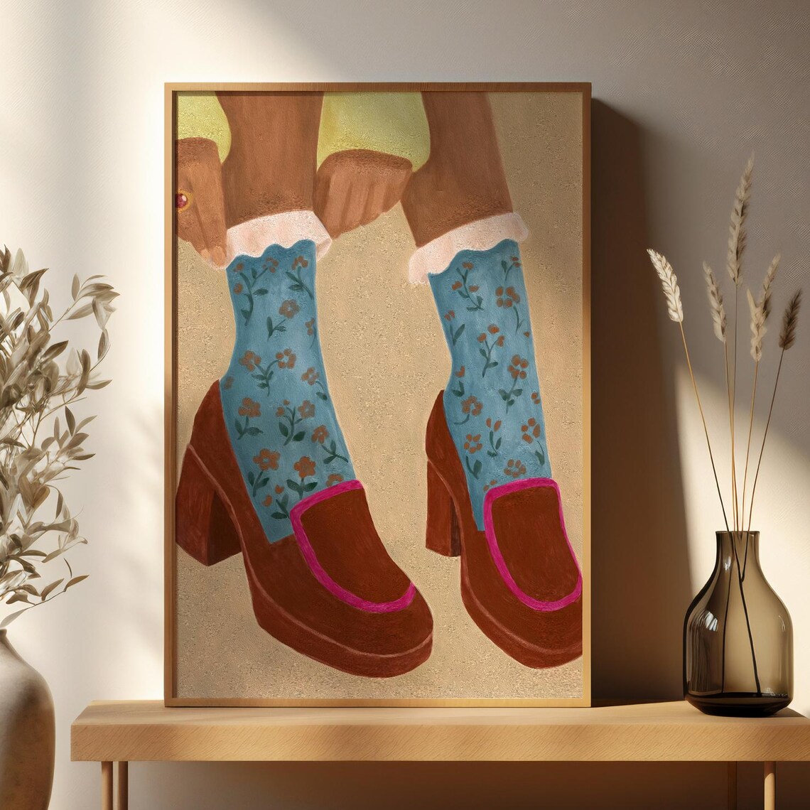 Retro Heels Illustration, Blue Floral Fashion Print