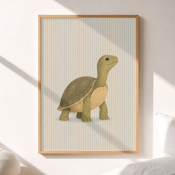 Cute Turtle Minimalist Nursery Kids Striped Background Poster