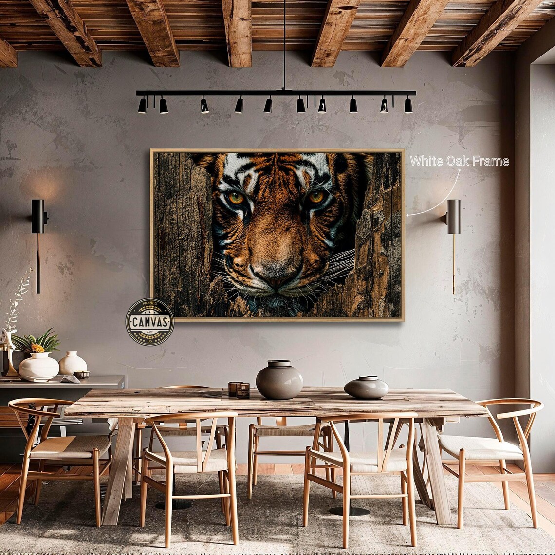 Bengal Tiger Face Emerging From Split Wood Dramatic Wildlife Art Poster - Image 5