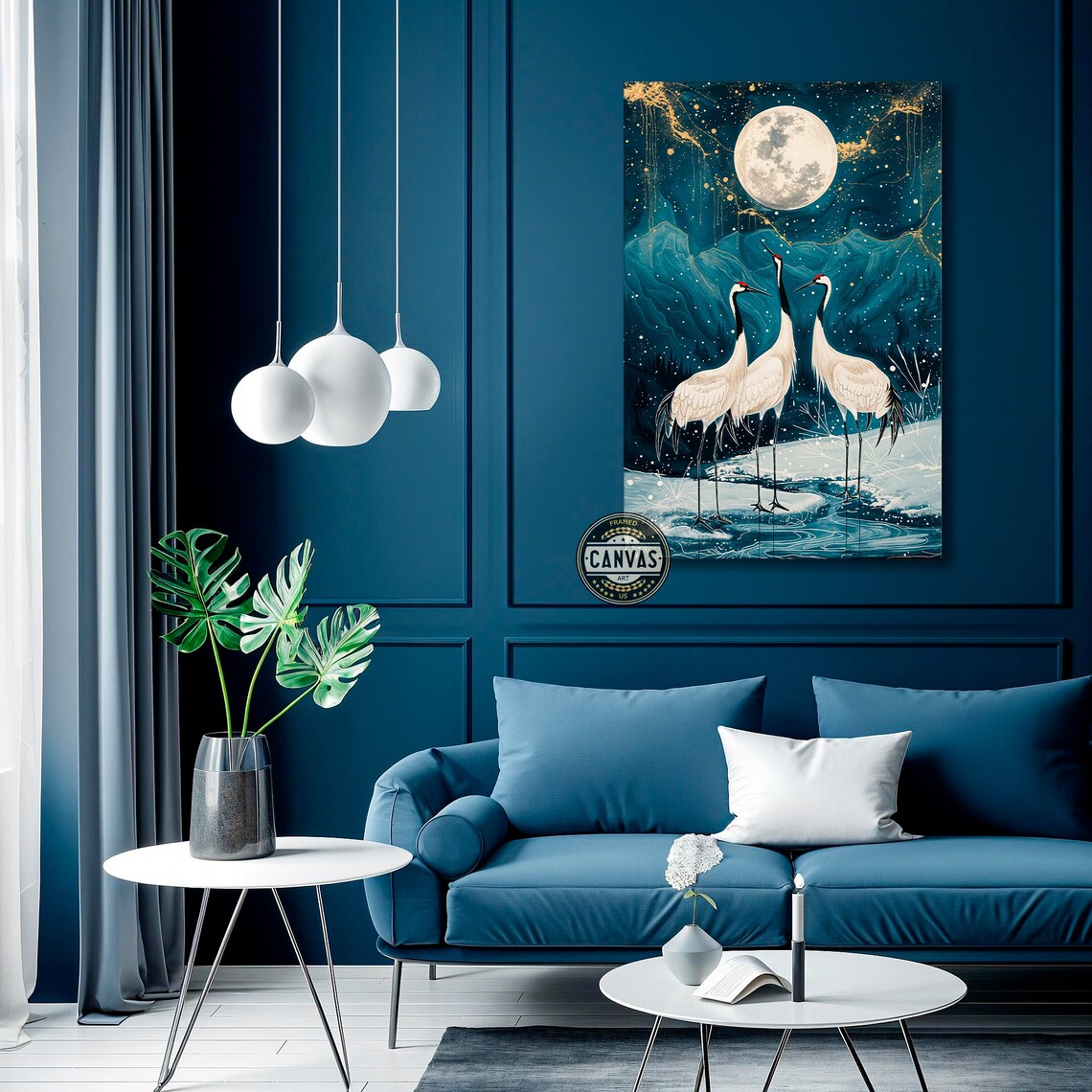 Three Cranes Full Moon Teal Night Sky Snowy Water Japanese Bird Art Poster - Image 2