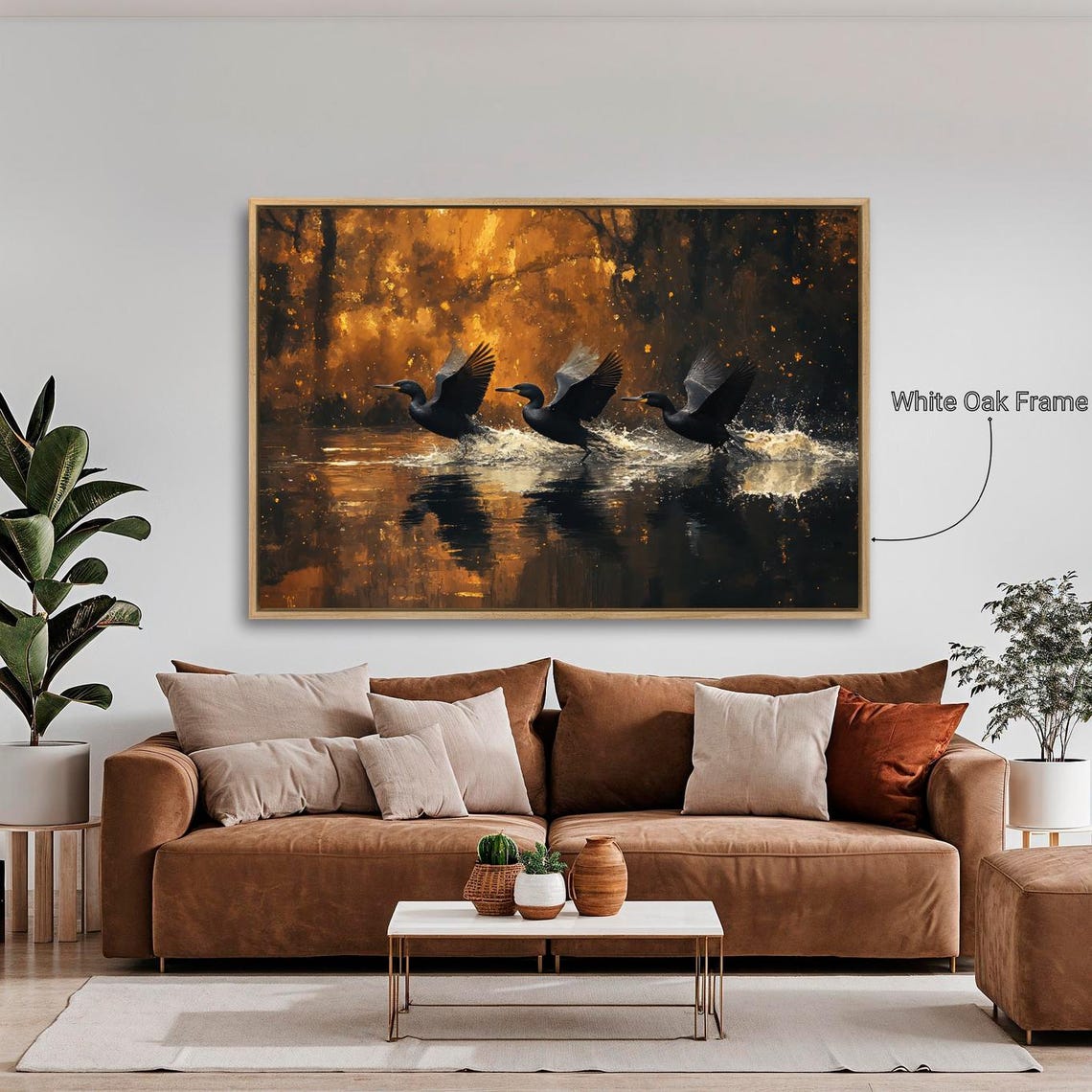 Three Black Birds Taking Flight Over Golden Water Nature Wall Poster - Image 2