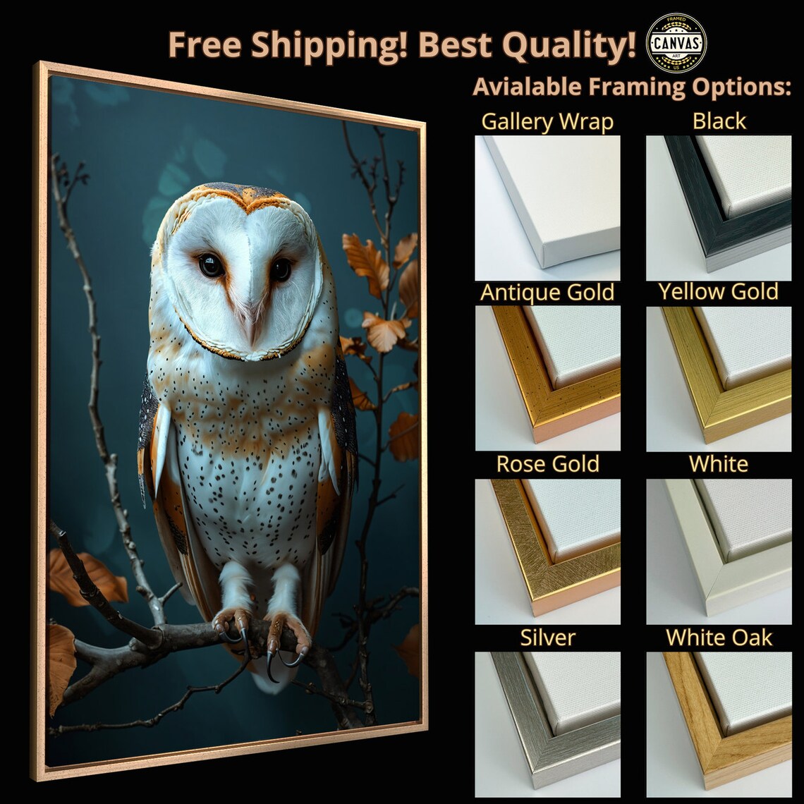 Barn Owl Perched On Branch Nocturnal Bird Wildlife Photography Print - Image 5