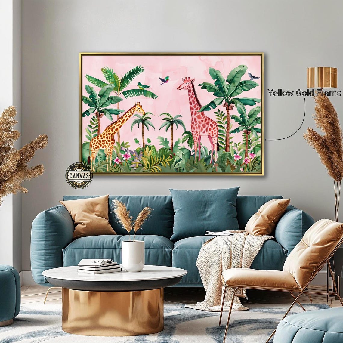 Two Giraffes In Pink Tropical Jungle Watercolor Safari Nursery Poster - Image 3