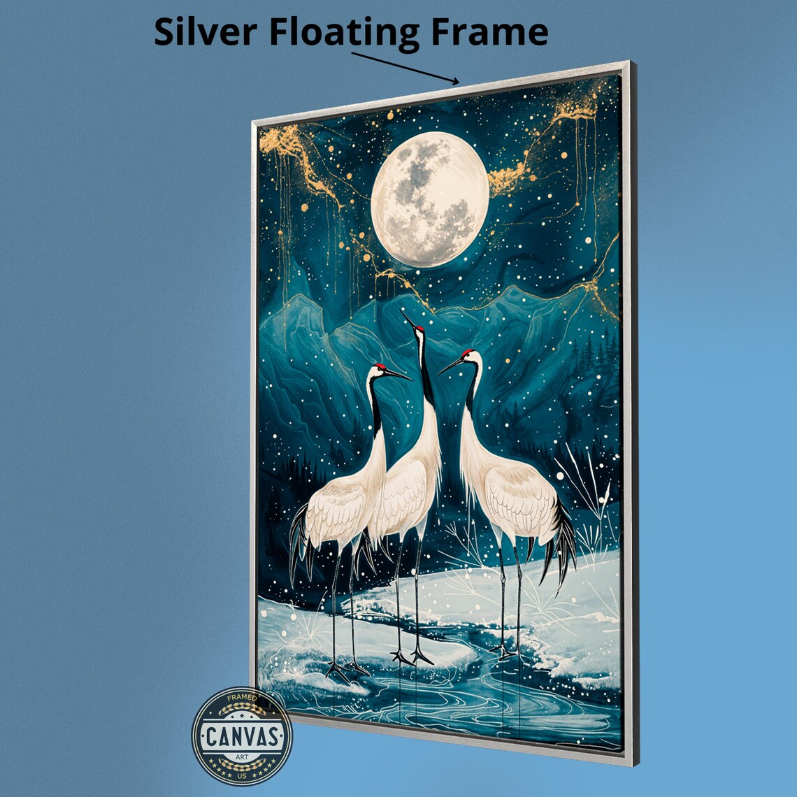 Three Cranes Full Moon Teal Night Sky Snowy Water Japanese Bird Art Poster - Image 3