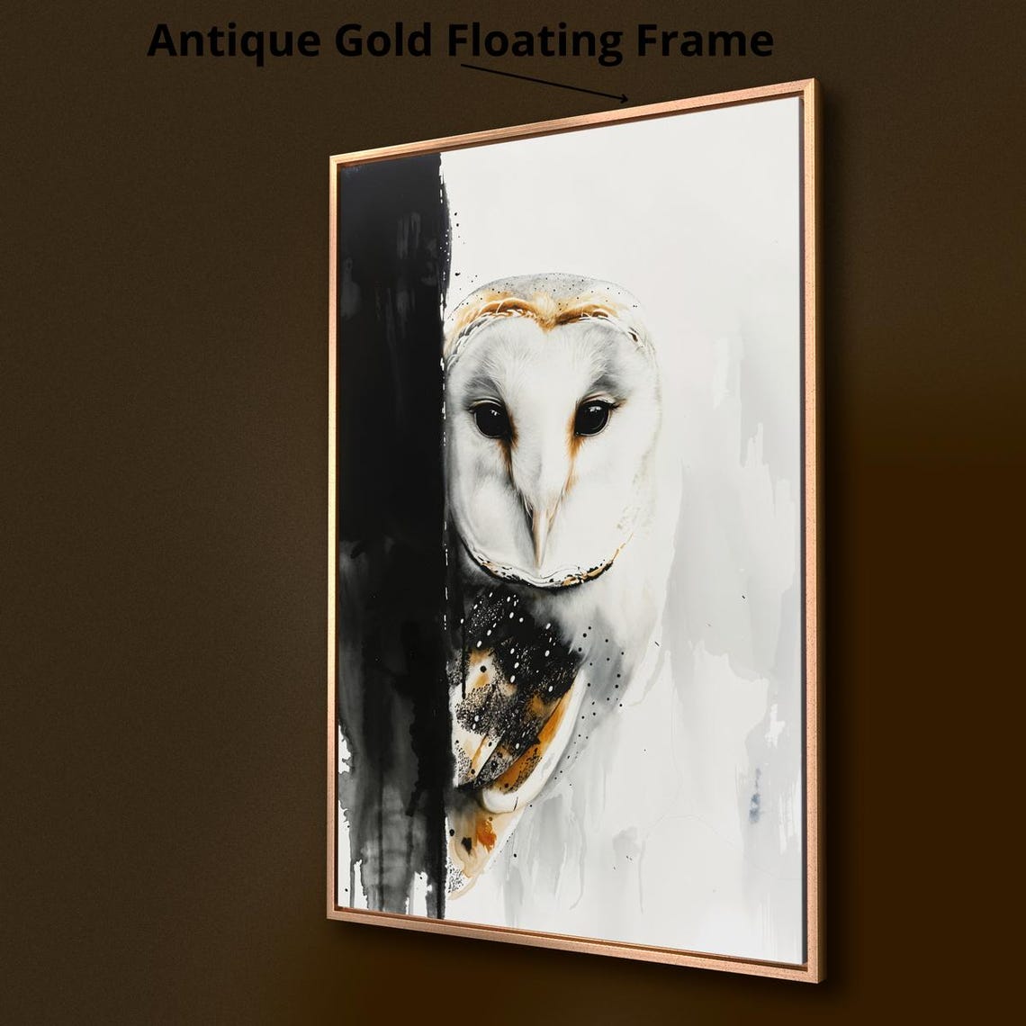 Barn Owl Portrait Black White Gold Bird Of Prey Watercolor Poster - Image 2