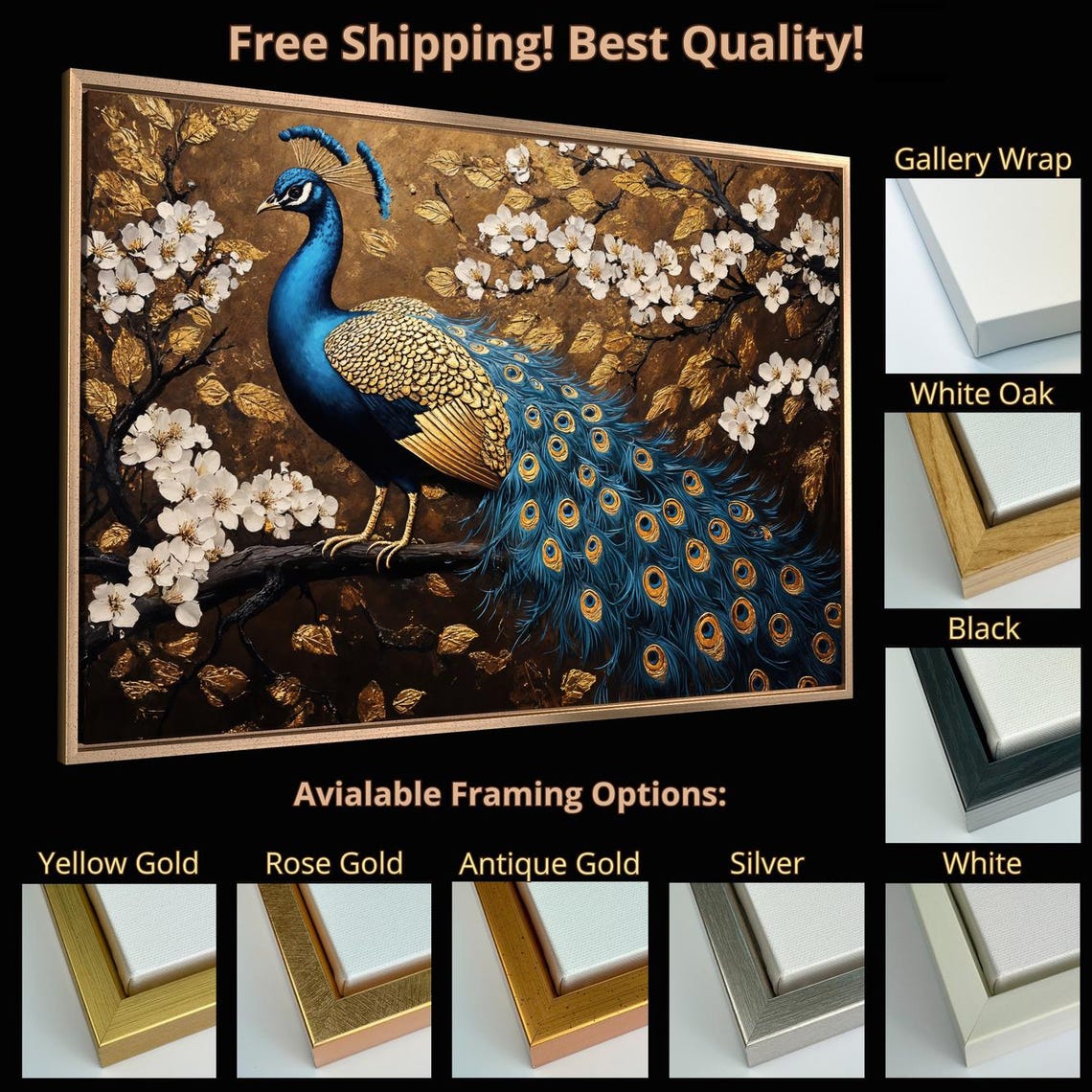 Stunning Blue Gold Peacock On Branch Cherry Blossom Art Print - Image 5