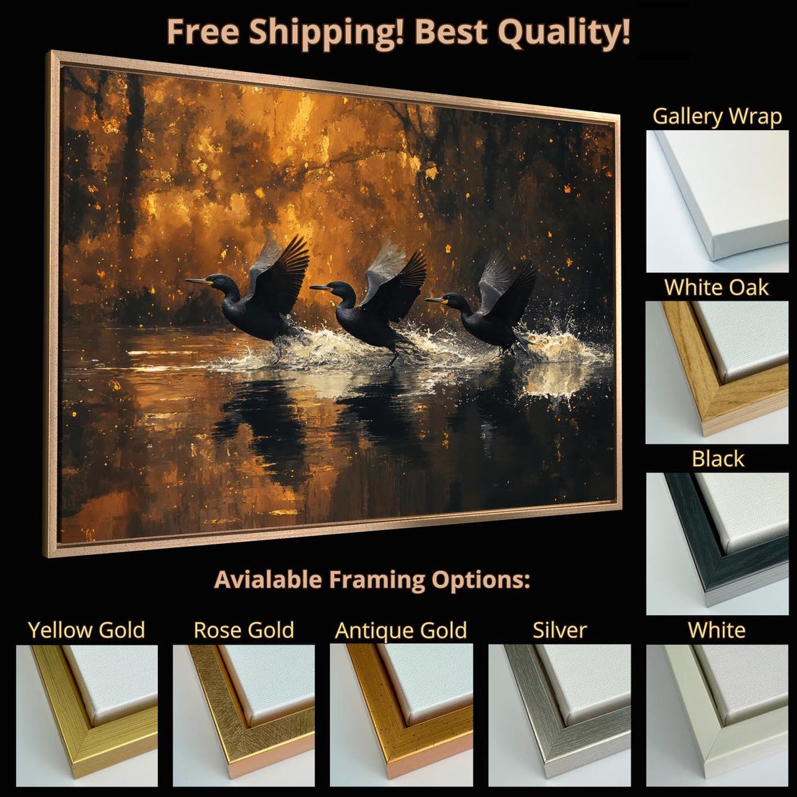 Three Black Birds Taking Flight Over Golden Water Nature Wall Poster - Image 5