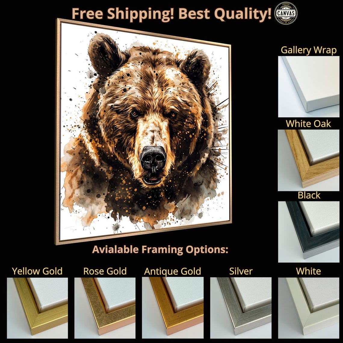 Grizzly Bear Watercolor Splash Portrait Rustic Wildlife Art Poster - Image 5