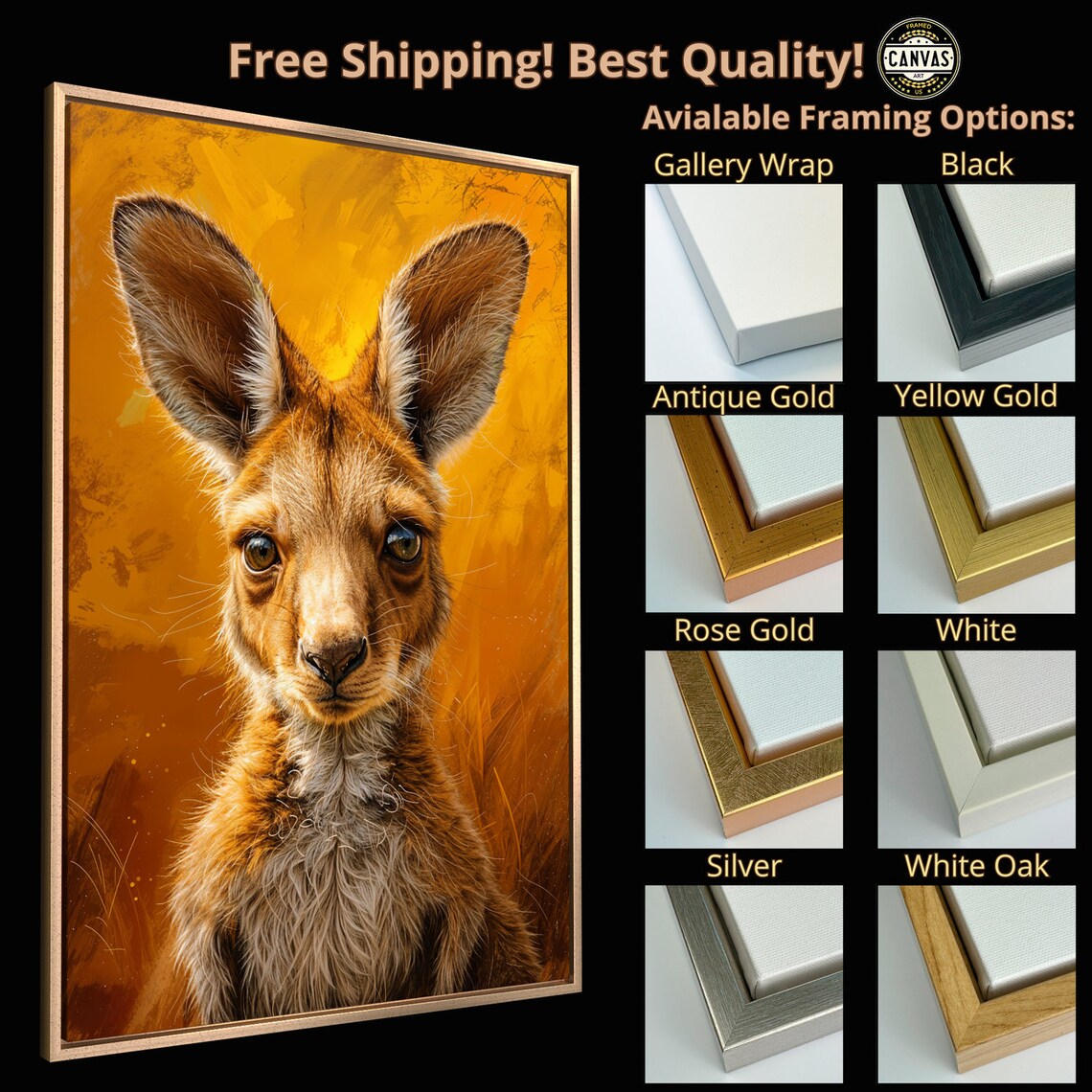 Cute Baby Kangaroo Portrait Vibrant Orange Background Wildlife Wall Poster - Image 5