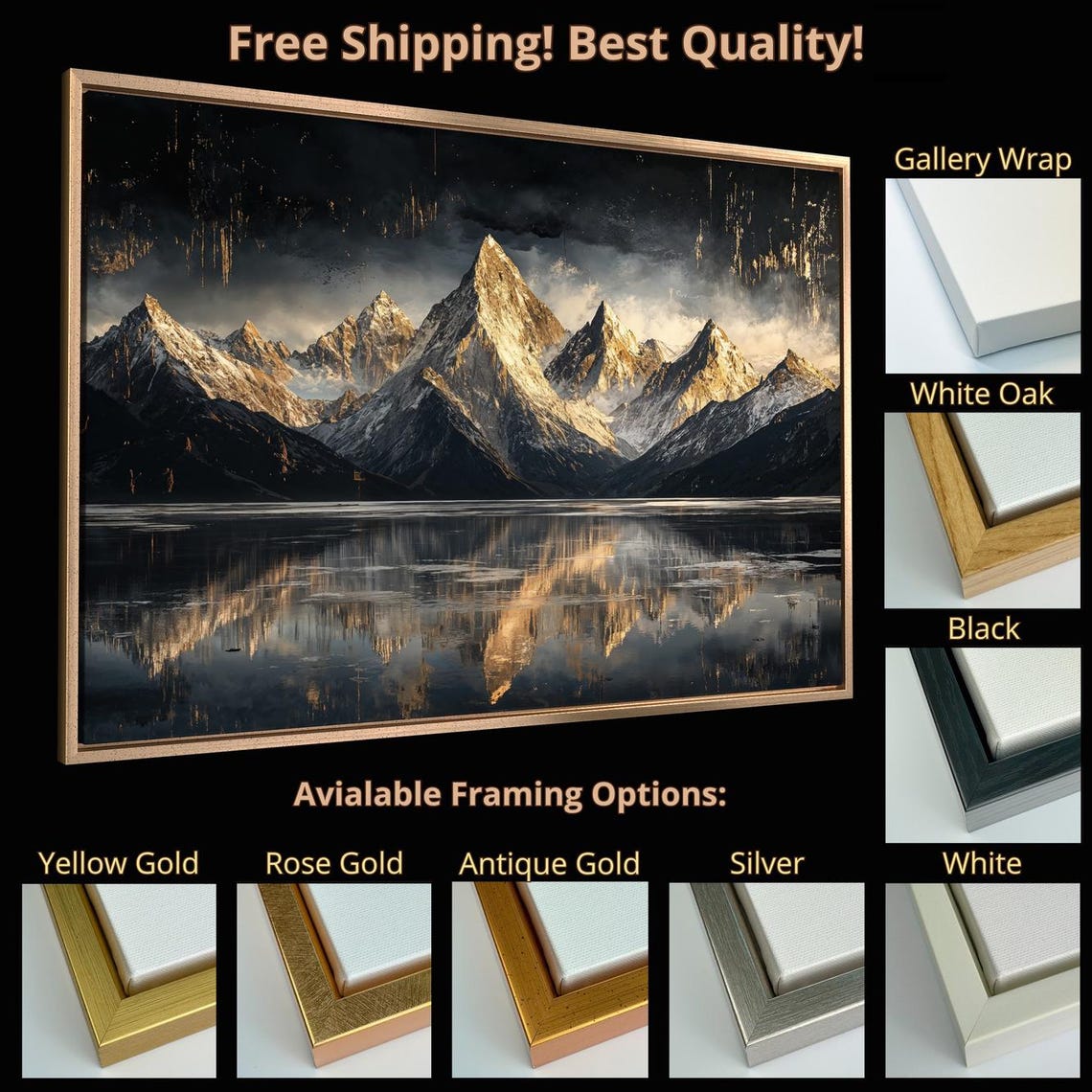 Golden Snowy Mountain Peaks Lake Reflection Panoramic Landscape Print - Image 5