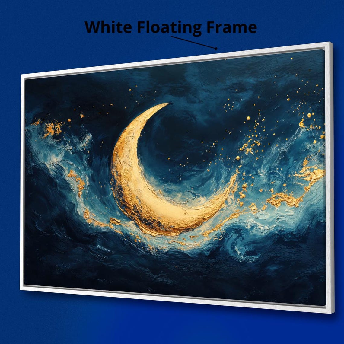 Golden Crescent Moon Swirling Dark Teal Ocean Waves Art Print - Image 3