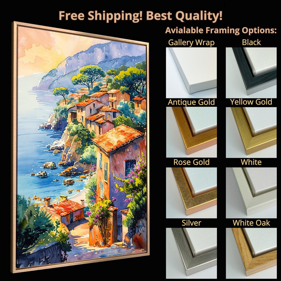 Mediterranean Coastal Village Cliffside Sunset Watercolor Travel Poster - Image 5