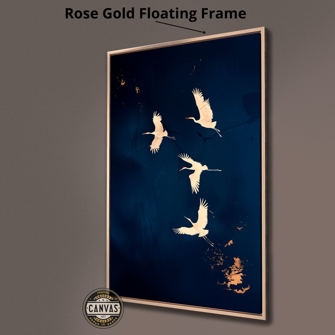 Elegant Gold Cranes Art Print, Dark Blue Background - Image 3