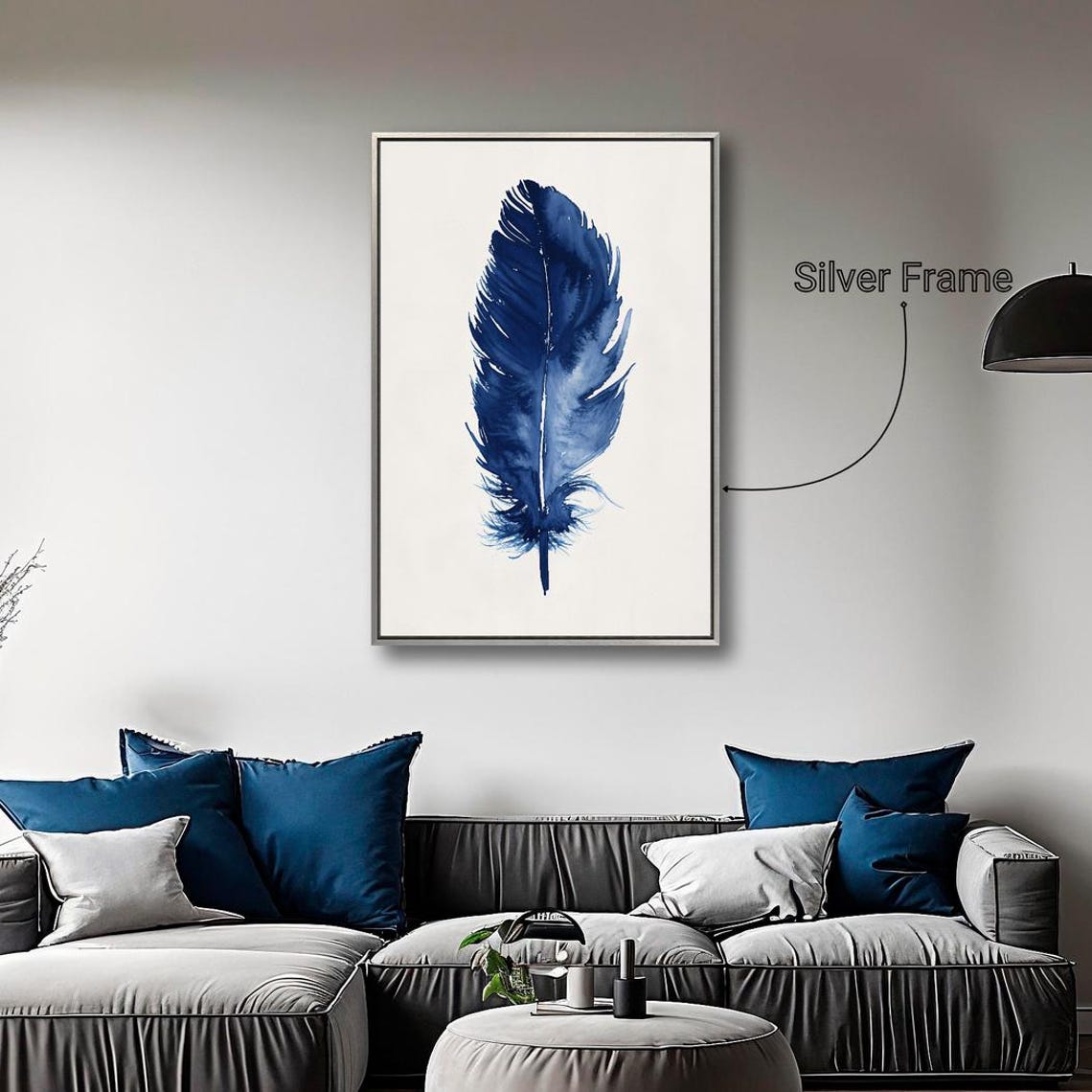 Indigo Blue Feather Minimalist Watercolor Elegant Bird Plume Art Print - Image 3