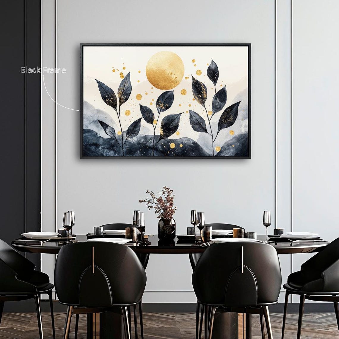 Elegant Black Stylized Leaves Gold Sun Botanical Abstract Art Print - Image 2