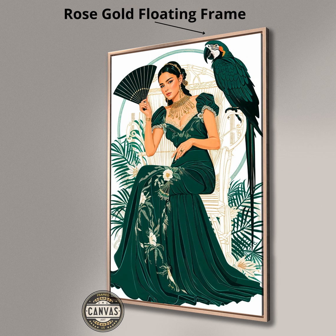 Elegant Woman With Parrot Emerald Gown Tropical Vintage Art Poster - Image 4