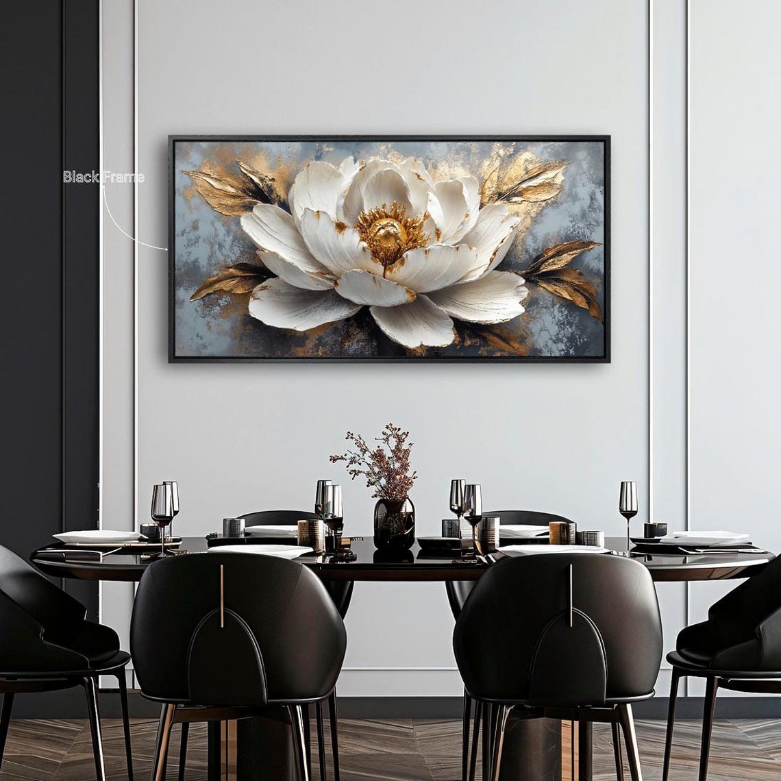 Large White Bloom Gold Center Textured Gray Luxury Art Print - Image 3